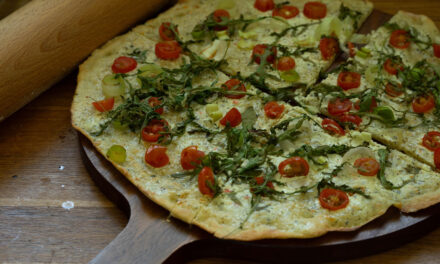 Creamy Cherry Tomato and Arugula Tarte Flambée