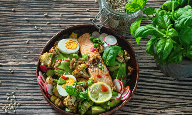 Roasted Cauliflower & Zucchini Bowl with Salmon and Spinach Lemon Pesto